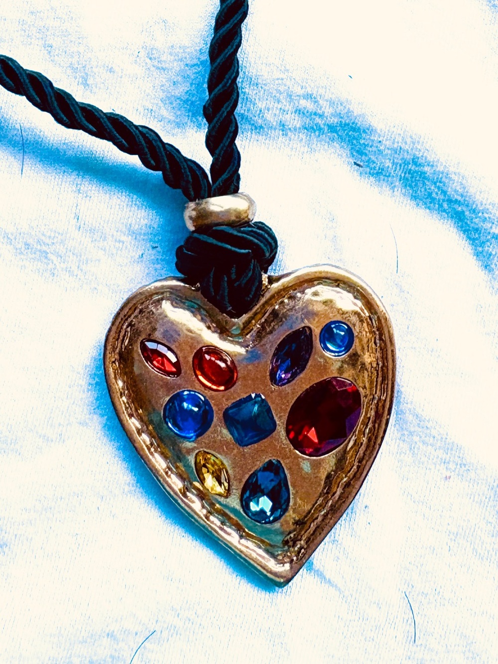 Chico's Black Cord Necklace with Gold Heart Pendant and Multicolor Gems